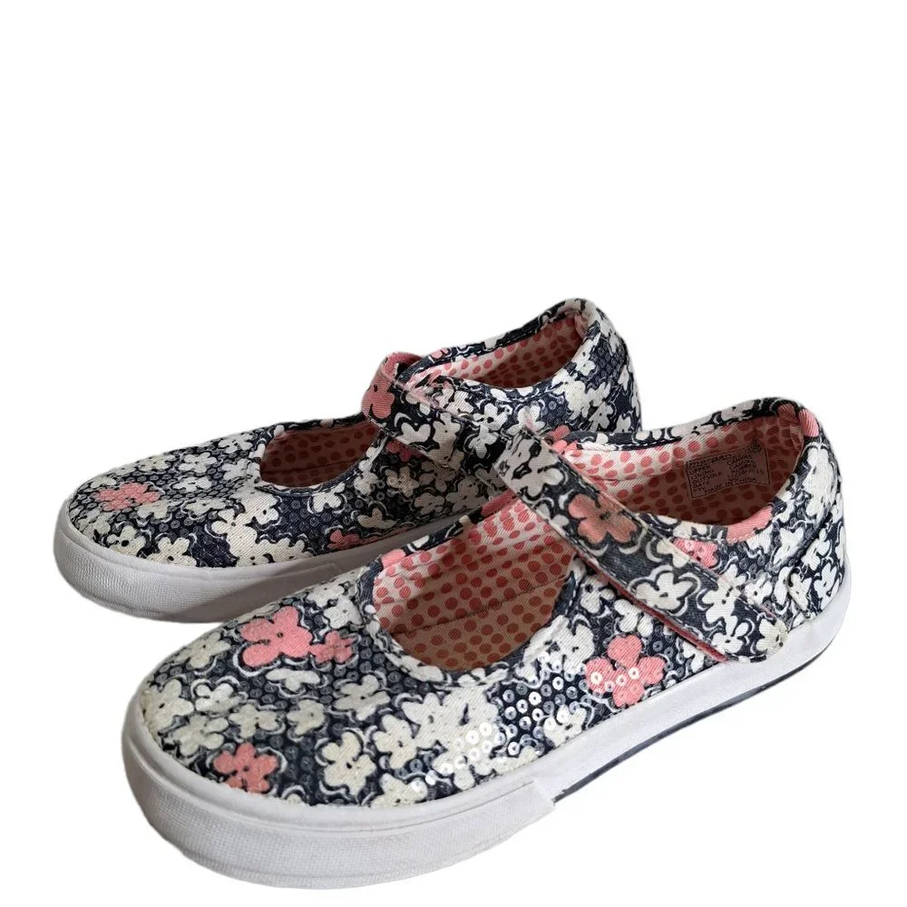 Morgan & Milo Girl's Pink Black & White Mary Jane Floral Canvas Sneakers Size 2